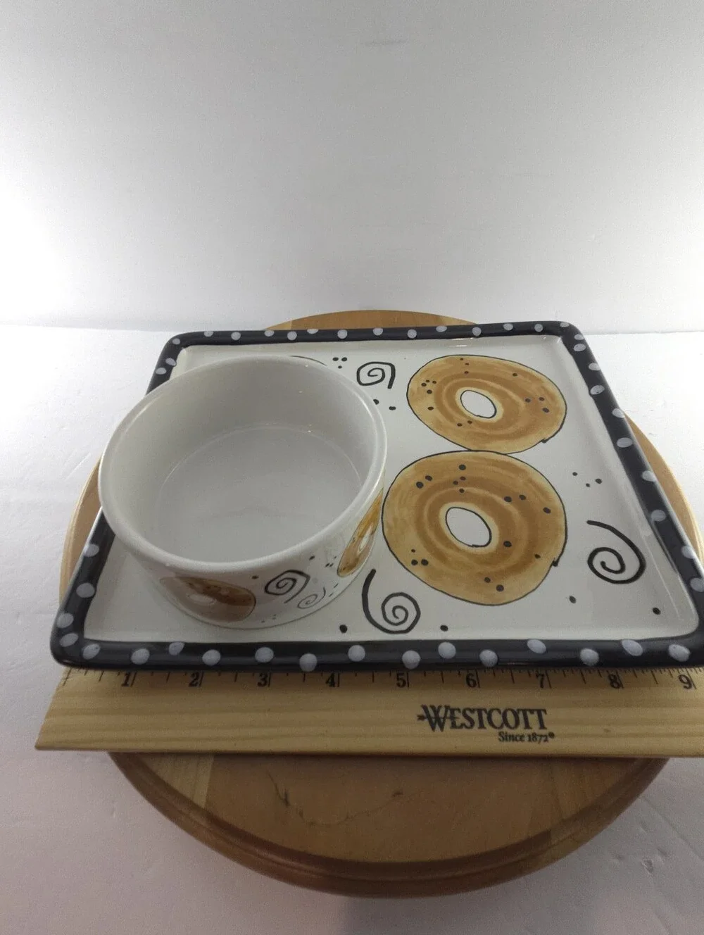 Joanne DeLomba Ceramic Bagel Plate Set Hand Painted 90s Brunch Tray, Vintage